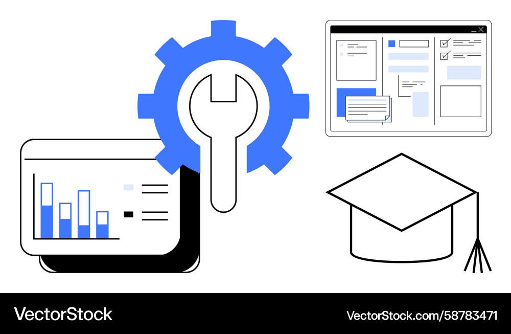 Gear and wrench with analytics web interface Gear and wrench with analytics web interface Vector Image