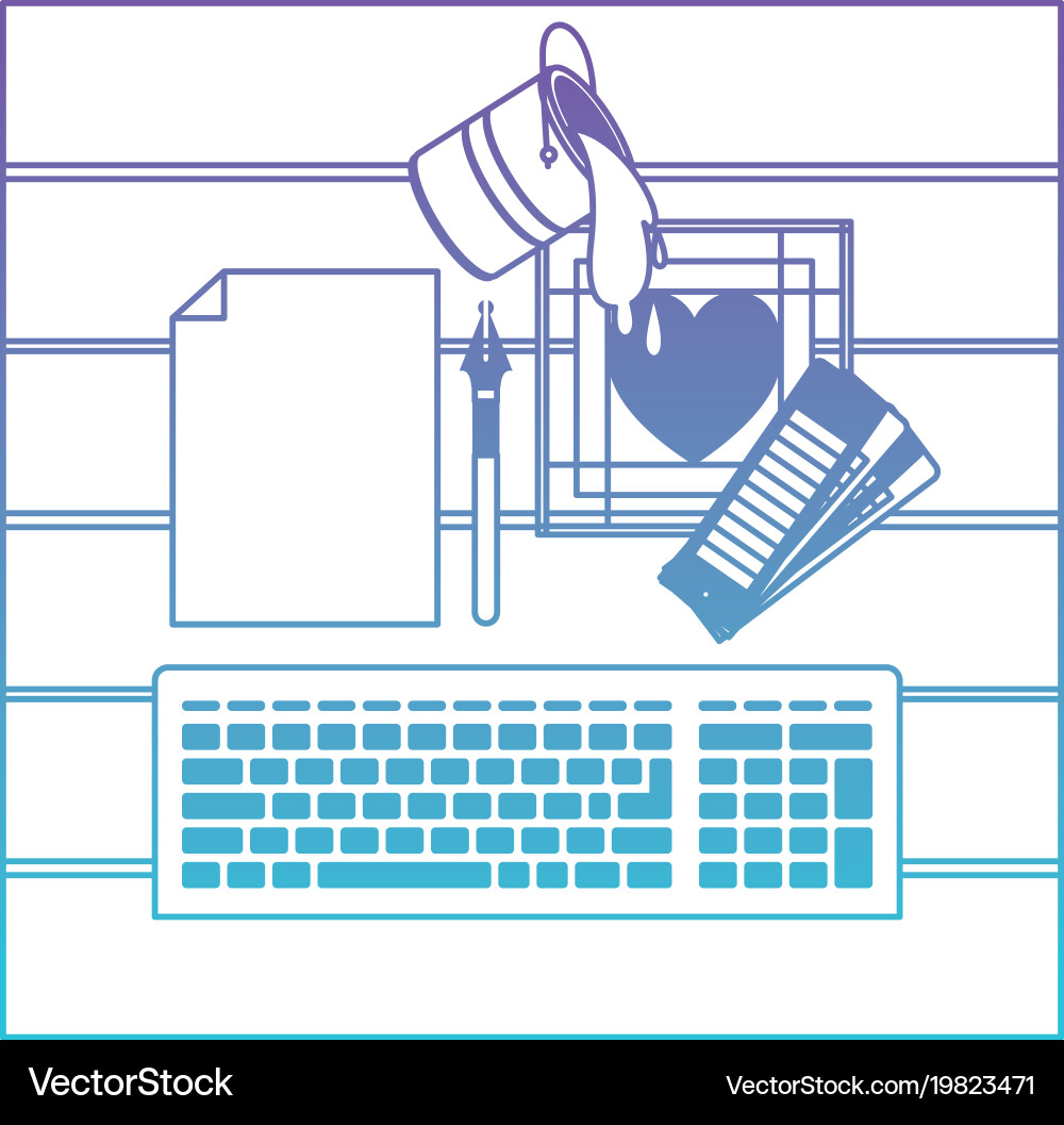 Keyboard computer and drawing tools over desk vector image