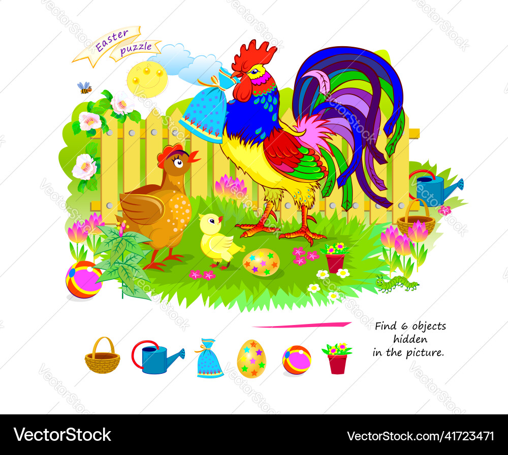 Logic puzzle game for kids find 6 objects hidden Logic puzzle game for kids find 6 objects hidden vector image