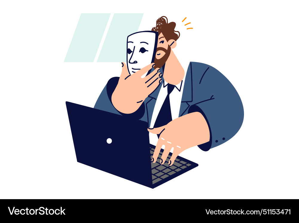 Man puts on mask using internet and introduces Man puts on mask using internet and introduces vector image