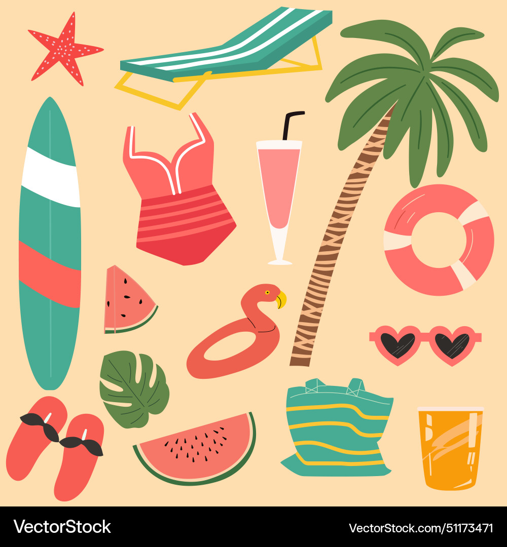 Summer elements colorful object collection Vector Image