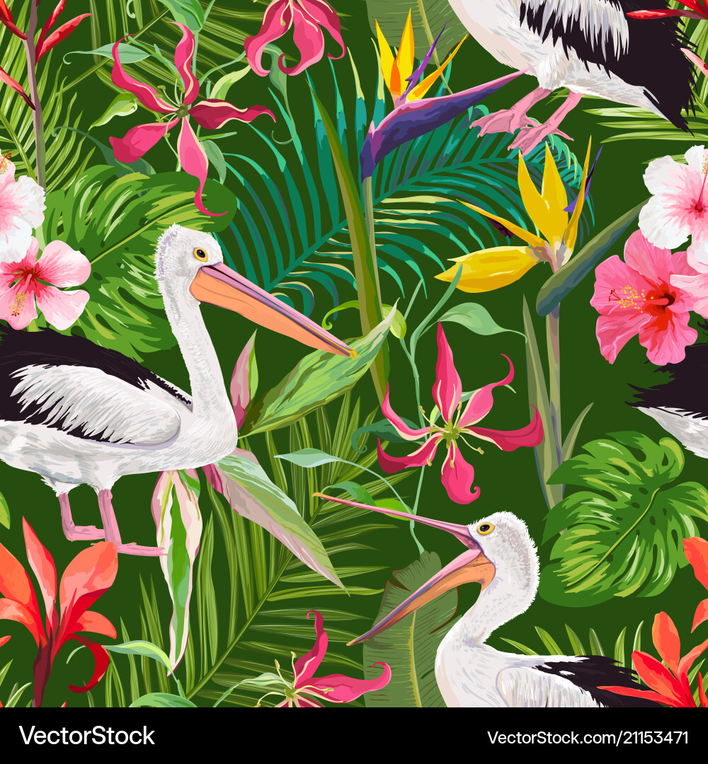 Tropical Pelican Floral Pattern Vector Image