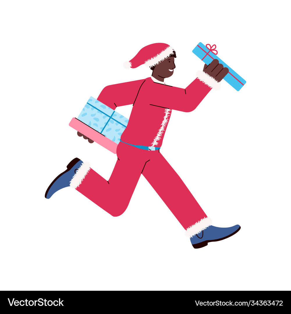Black skin man in santa costume with gifts flat Black skin man in santa costume with gifts flat vector image
