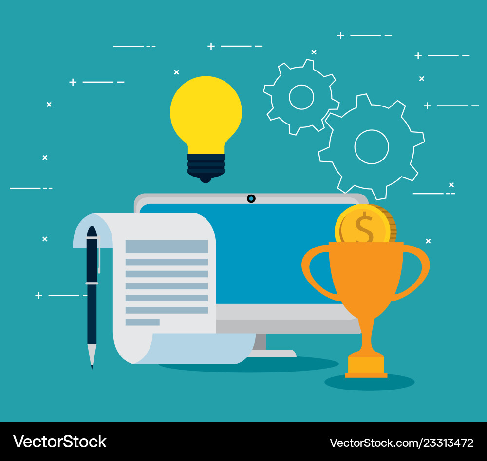 Business documents with bulb idea and computer Business documents with bulb idea and computer vector image