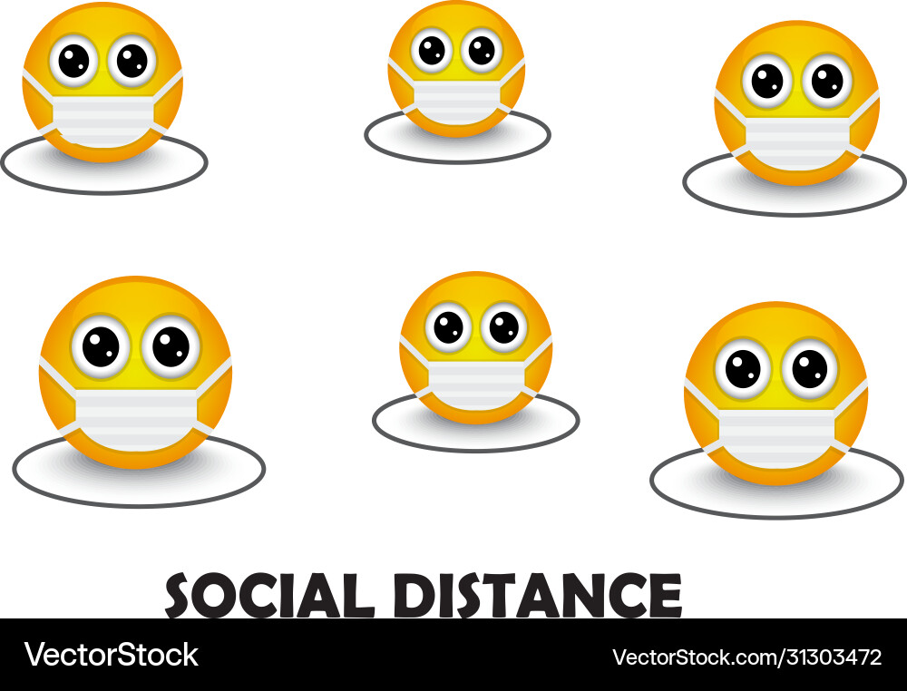 Masked yellow emoticons keep social distance due t Masked yellow emoticons keep social distance due t vector image