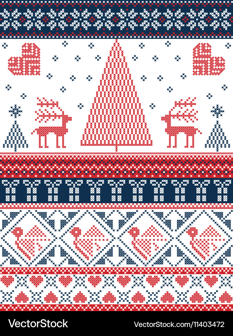Xmas pattern with birds trees in red and dark vector image