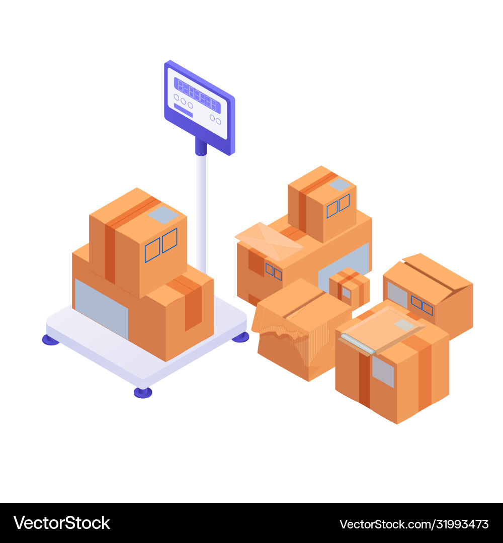 Boxes on scales loading isometric large and small Vector Image