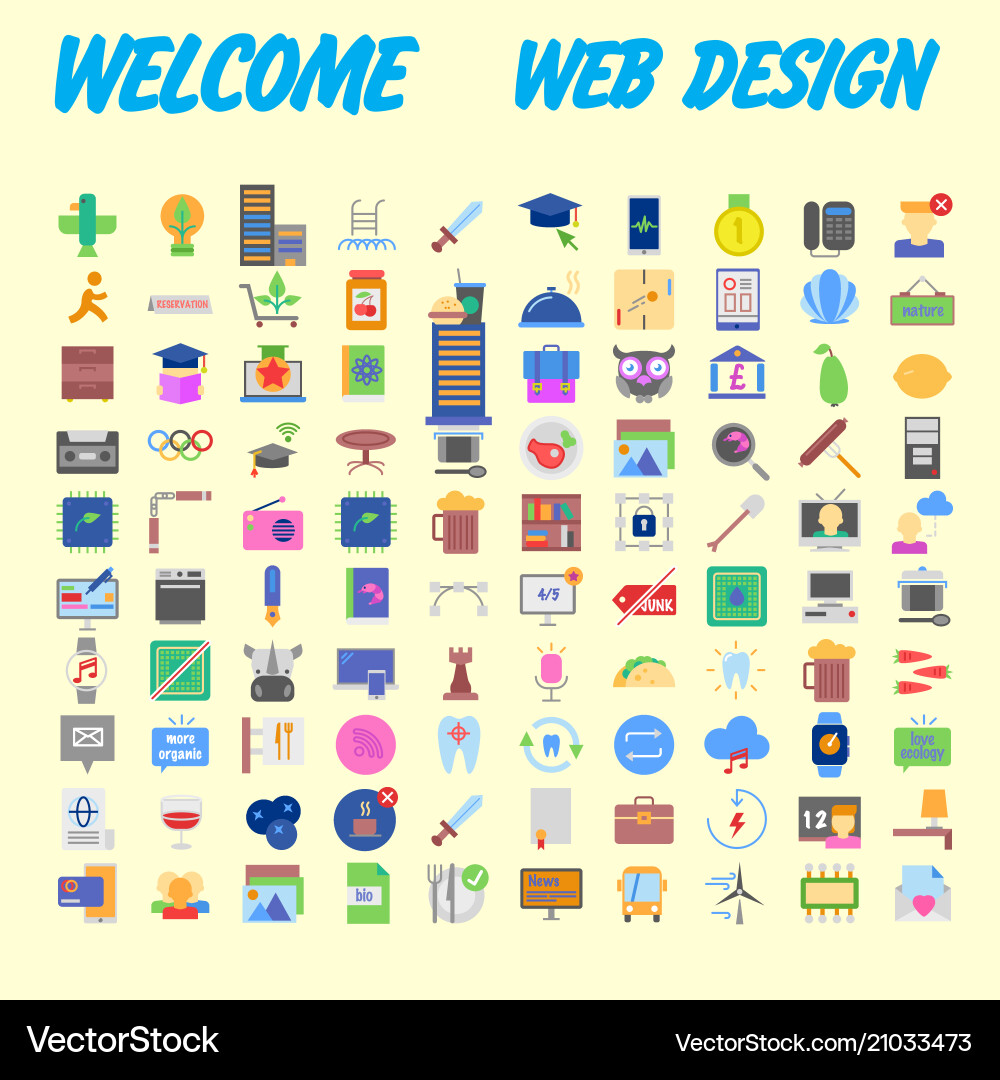 Set of 100 flat web icons on following themes Set of 100 flat web icons on following themes vector image