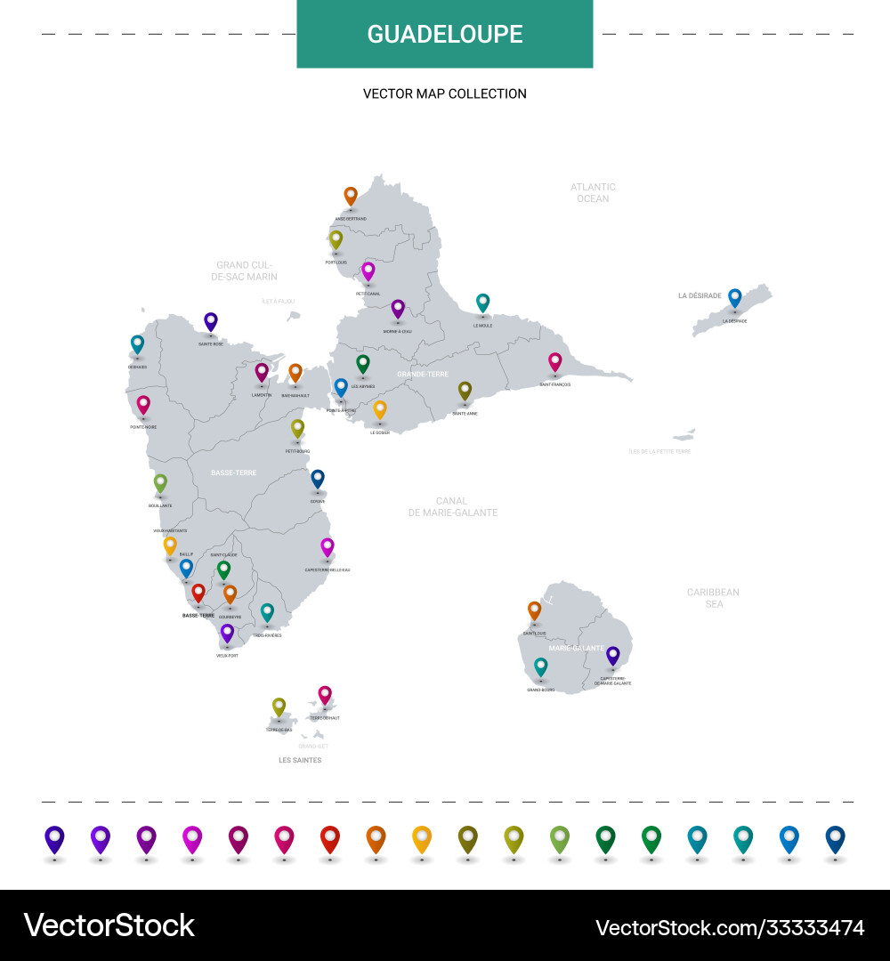 Guadeloupe map with location pointer marks Guadeloupe map with location pointer marks vector image