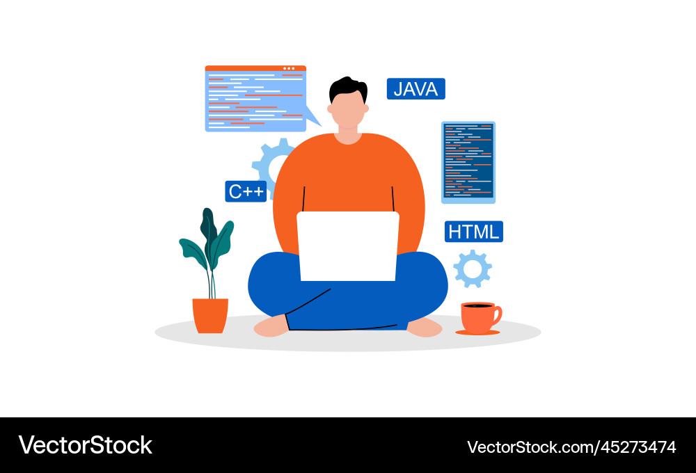 Man programmer is working on his laptop concept vector image