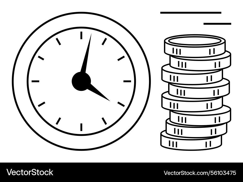 Clock and coin stack representing time Vector Image