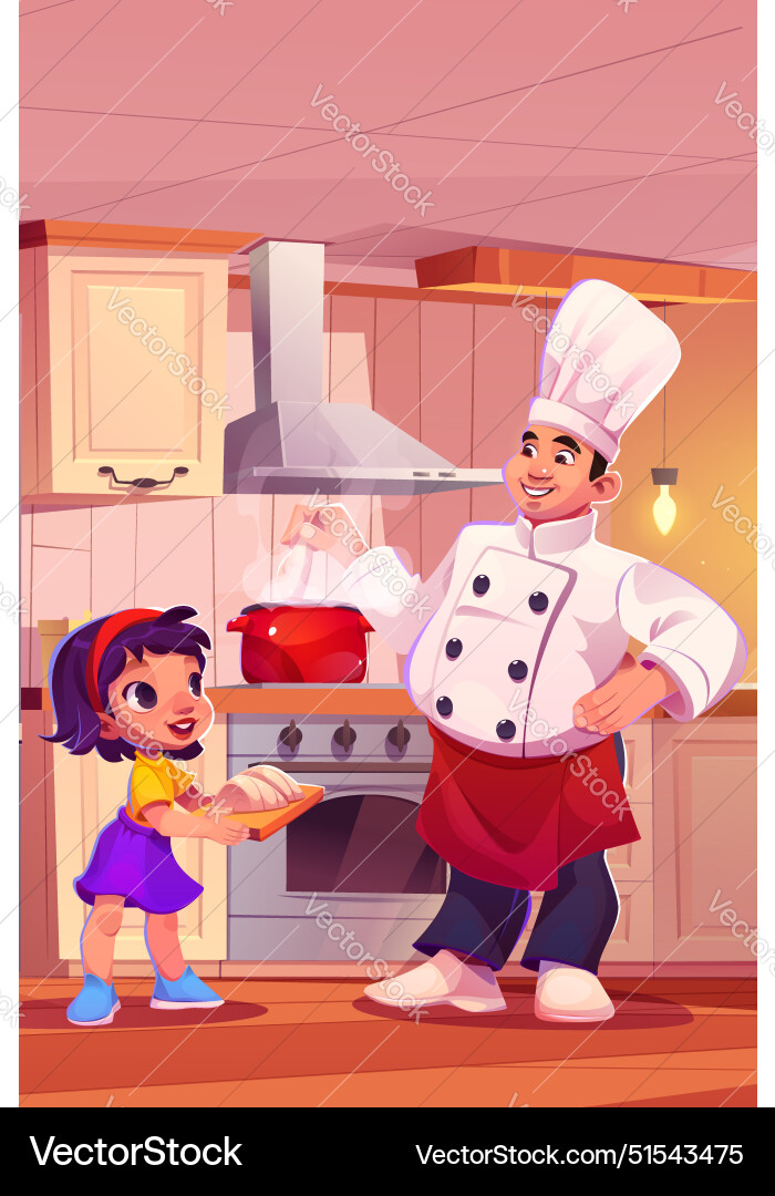 Kleine Mädchen helfen Koch in der Küche zu kochen Kleine Mädchen helfen Koch in der Küche zu kochen vektorbild