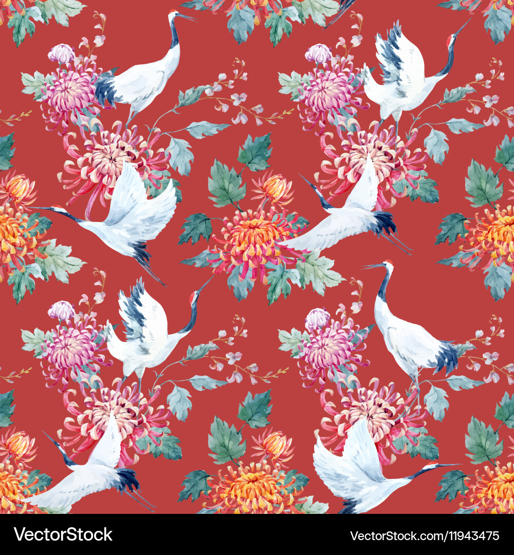 Watercolor Crane & Floral Pattern vector image