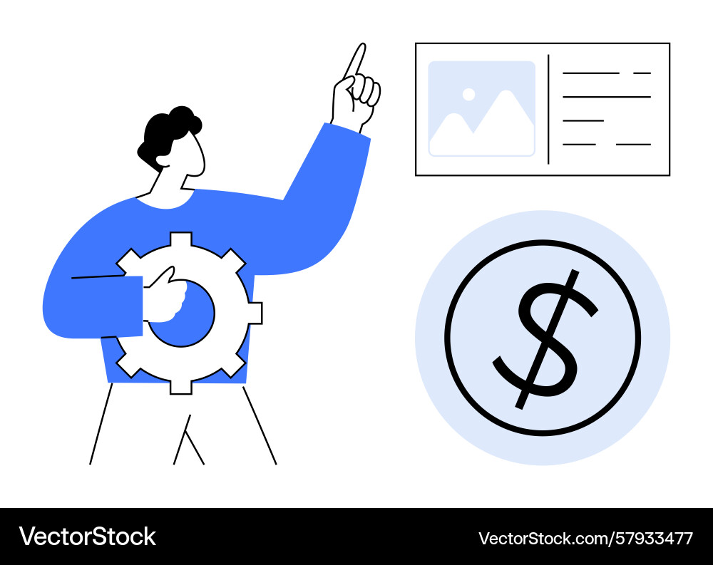 Man in blue with gear symbol pointing at data Vector Image