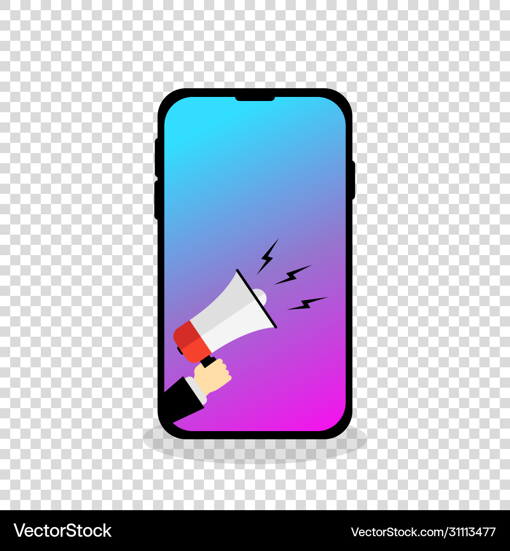 Mobile phone showing hand with megaphone anouncing Mobile phone showing hand with megaphone anouncing Vector Image