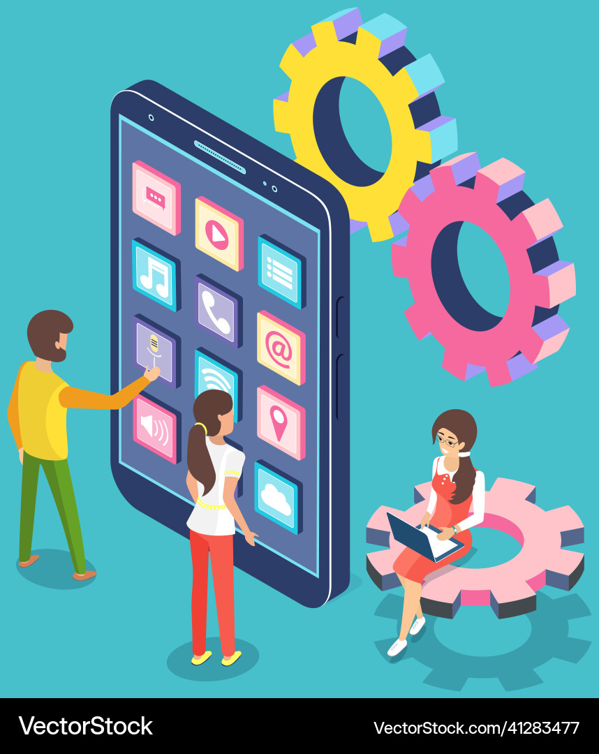 People working with development of mobile program People working with development of mobile program vector image