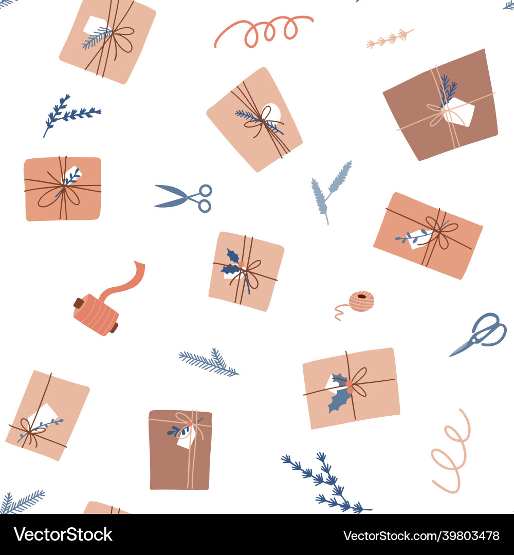 Gift wrapping seamless pattern branches scissors Gift wrapping seamless pattern branches scissors vector image