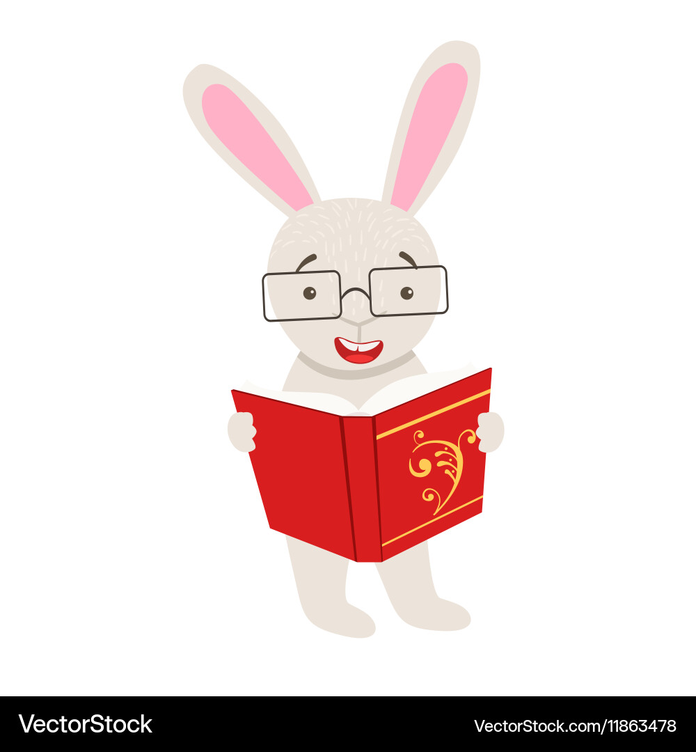 White rabbit smiling bookworm zoo character vector image