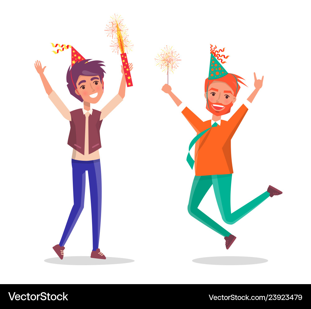 Cartoon men celebrating birthday party fireworks Cartoon men celebrating birthday party fireworks vector image