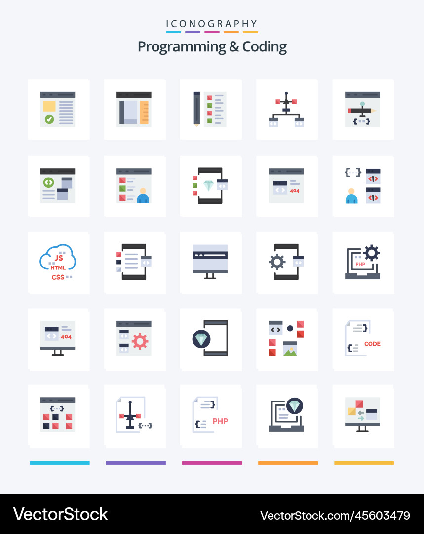 Creative programming and coding 25 flat icon pack vector image