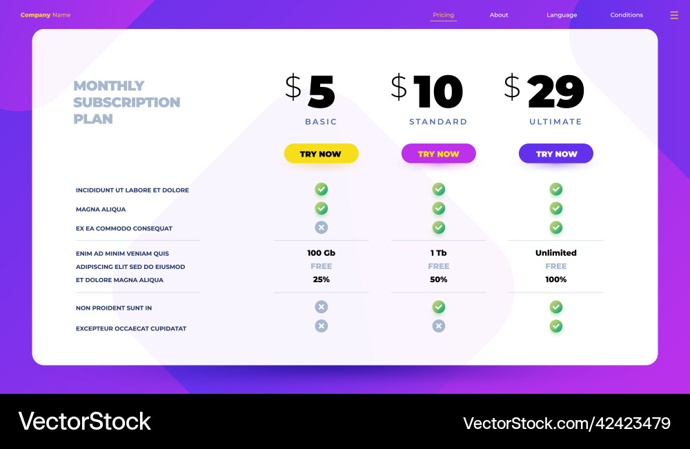 Monthly Subscription Price Table Royalty Free Vector Image