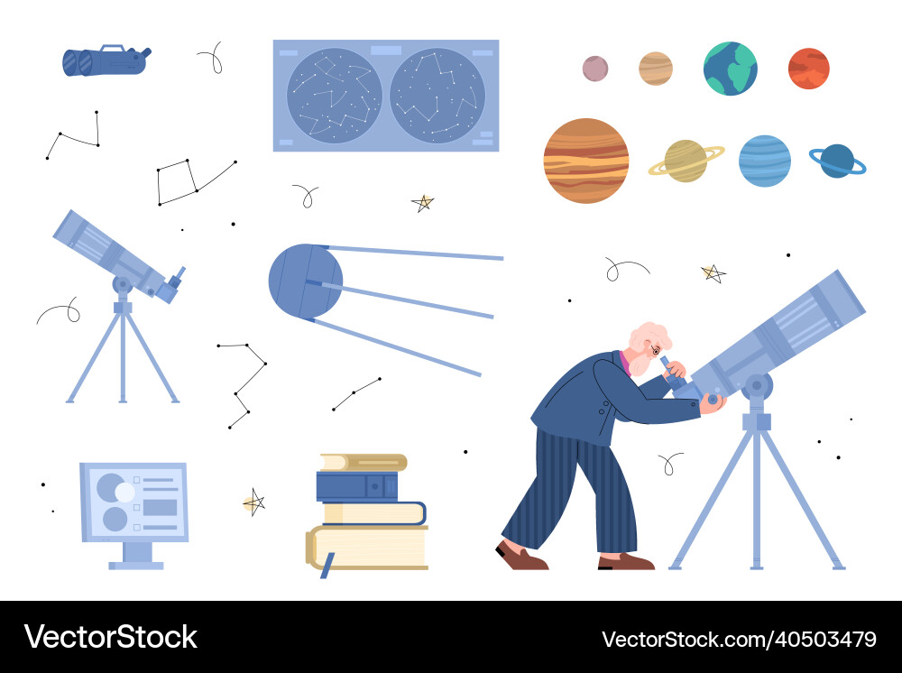 Set of astronomy and space icons with scientist Vector Image
