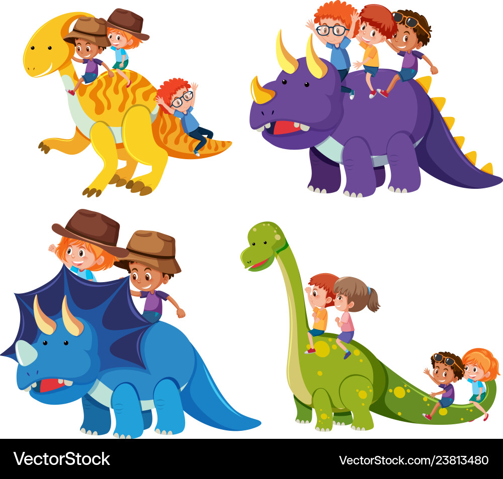 Children ride dinosaur on white background Children ride dinosaur on white background vector image