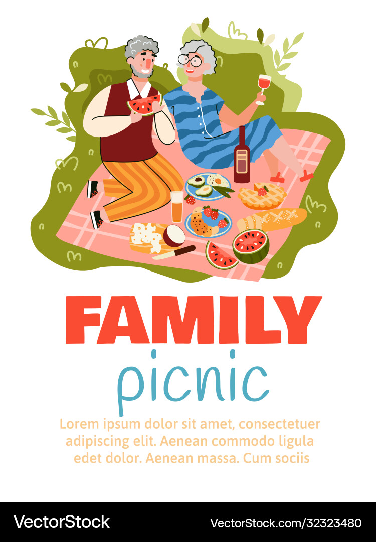 Family picnic flyer or banner with senior couple Family picnic flyer or banner with senior couple vector image