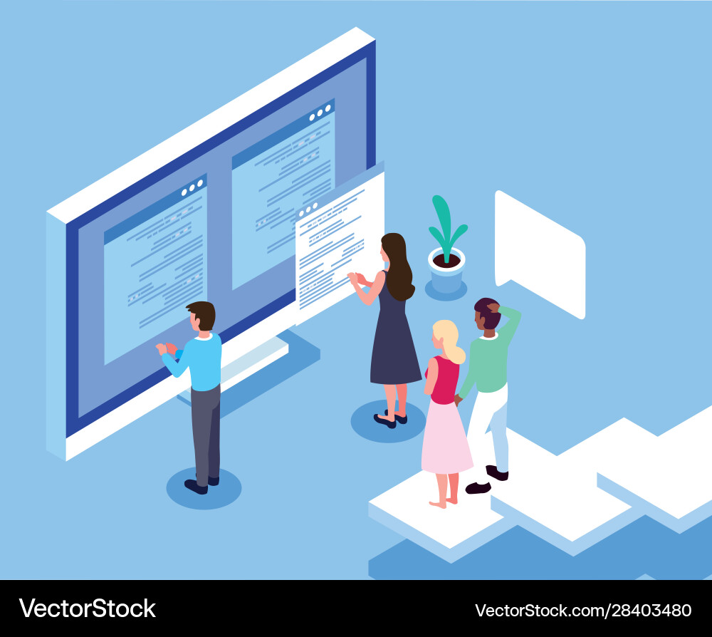 Group people working in front computer Group people working in front computer Vector Image