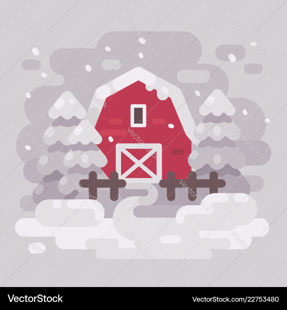 Red barn building with fir trees in a snowy Red barn building with fir trees in a snowy vector image