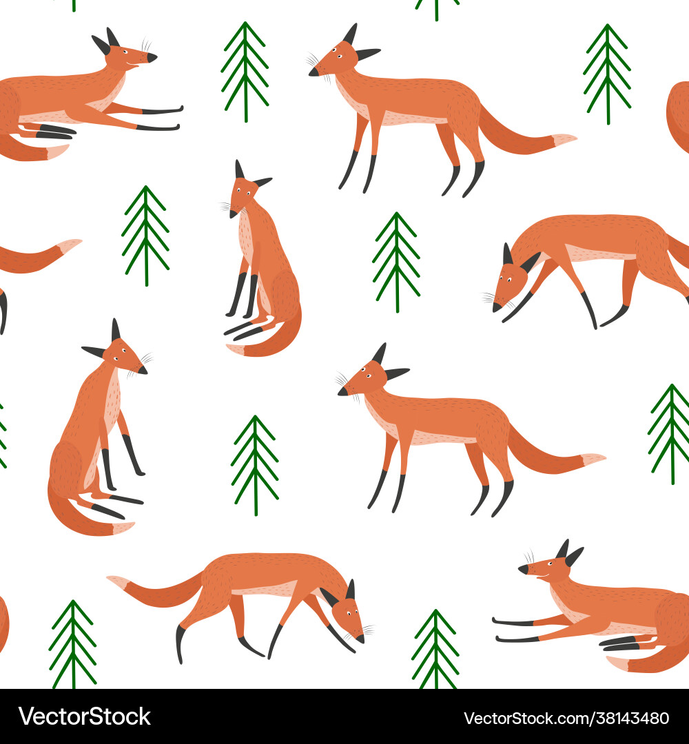 Seamless pattern with red foxes and trees Seamless pattern with red foxes and trees vector image