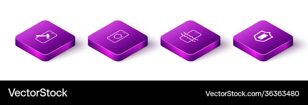 Set isometric mobile with broken screen shield Set isometric mobile with broken screen shield vector image
