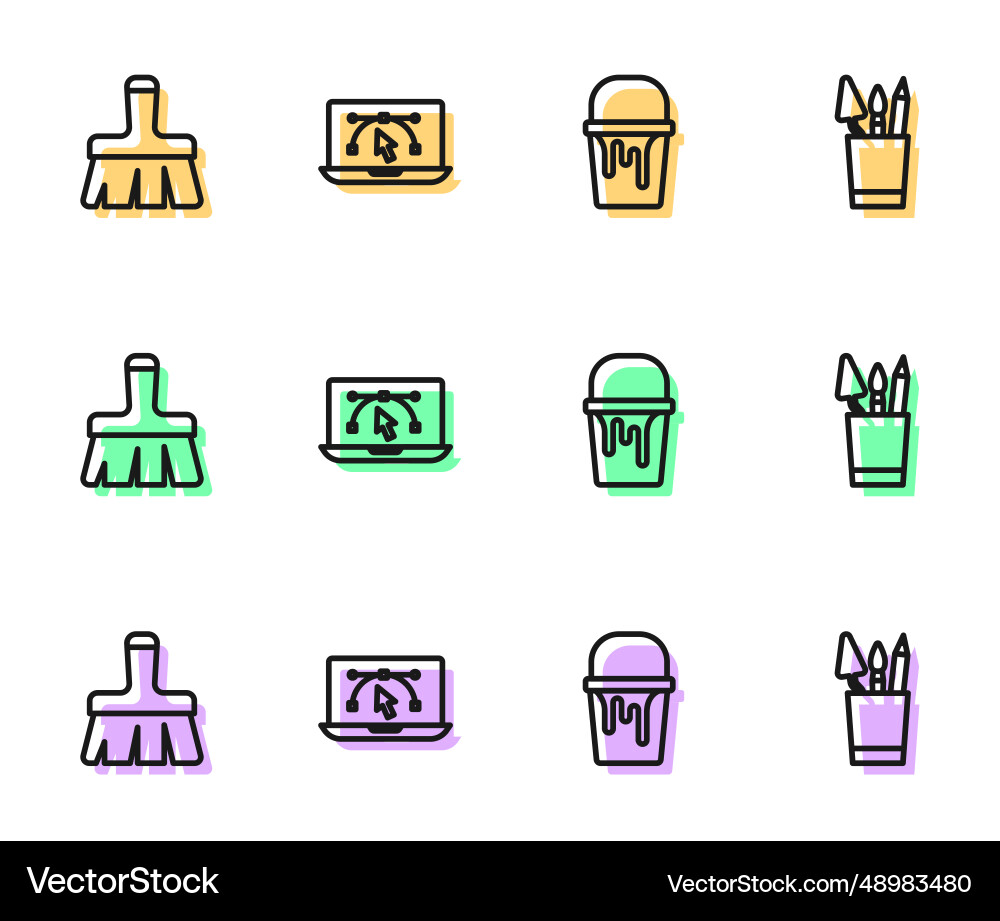 Set line paint bucket brush computer with design Set line paint bucket brush computer with design vector image
