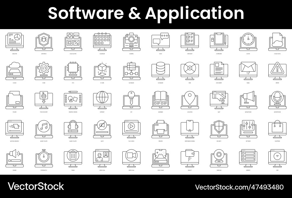 Set of outline software and application icons vector image