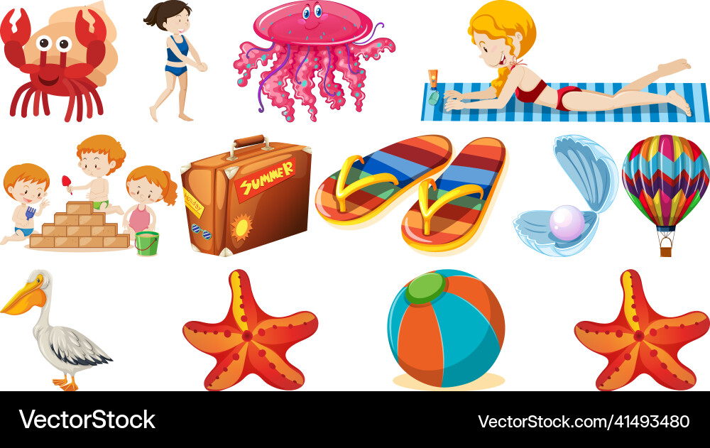 Set of summer beach objects and cartoon characters Set of summer beach objects and cartoon characters vector image