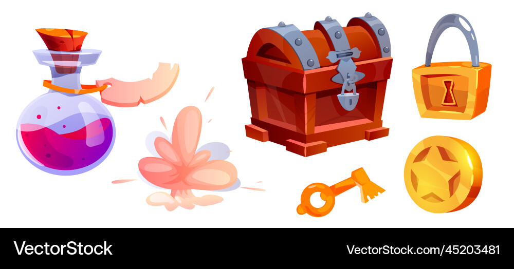 Game items and objects with chest key coin lock Game items and objects with chest key coin lock vector image