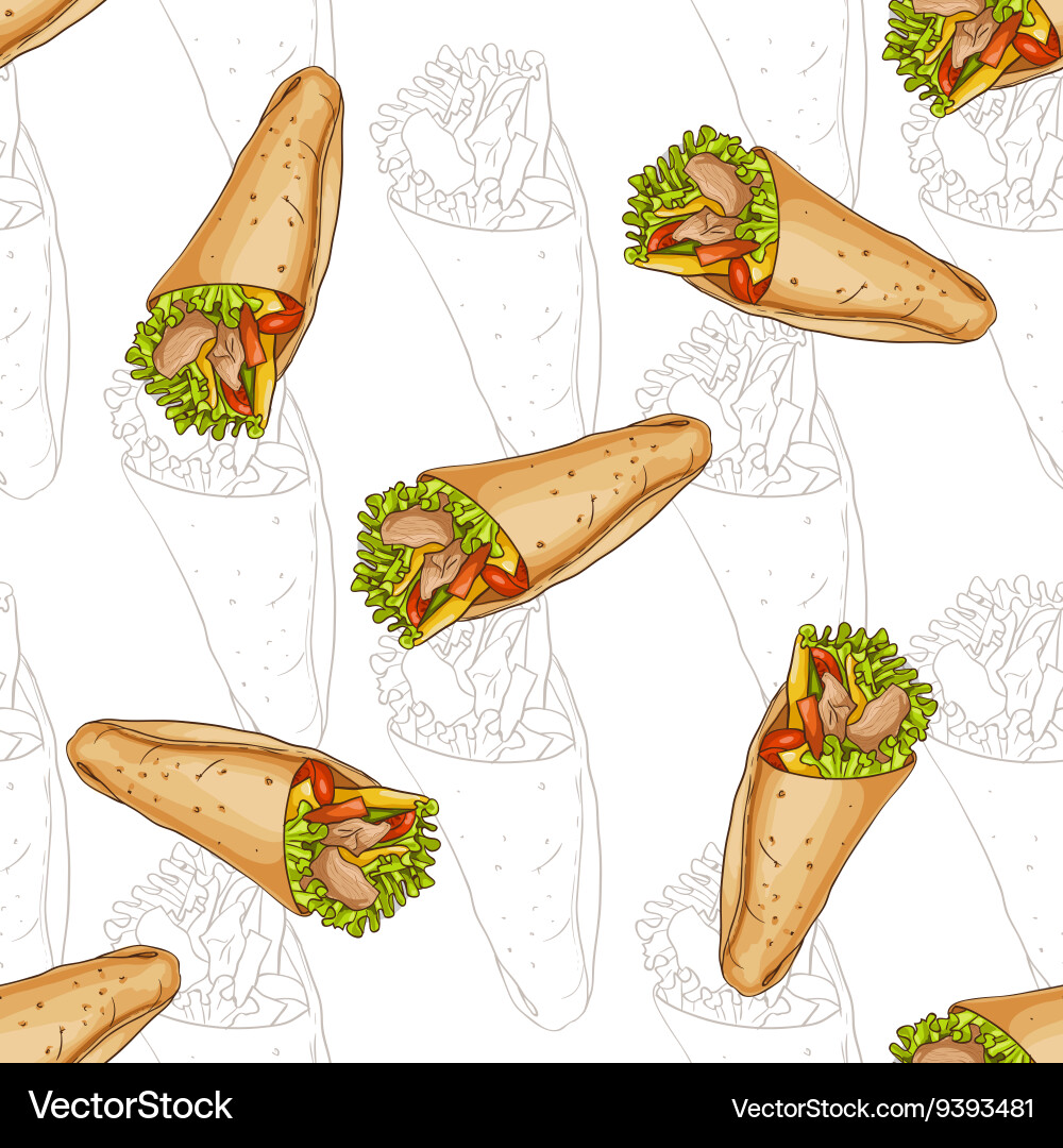 Seamless pattern burrito scetch and color vector image