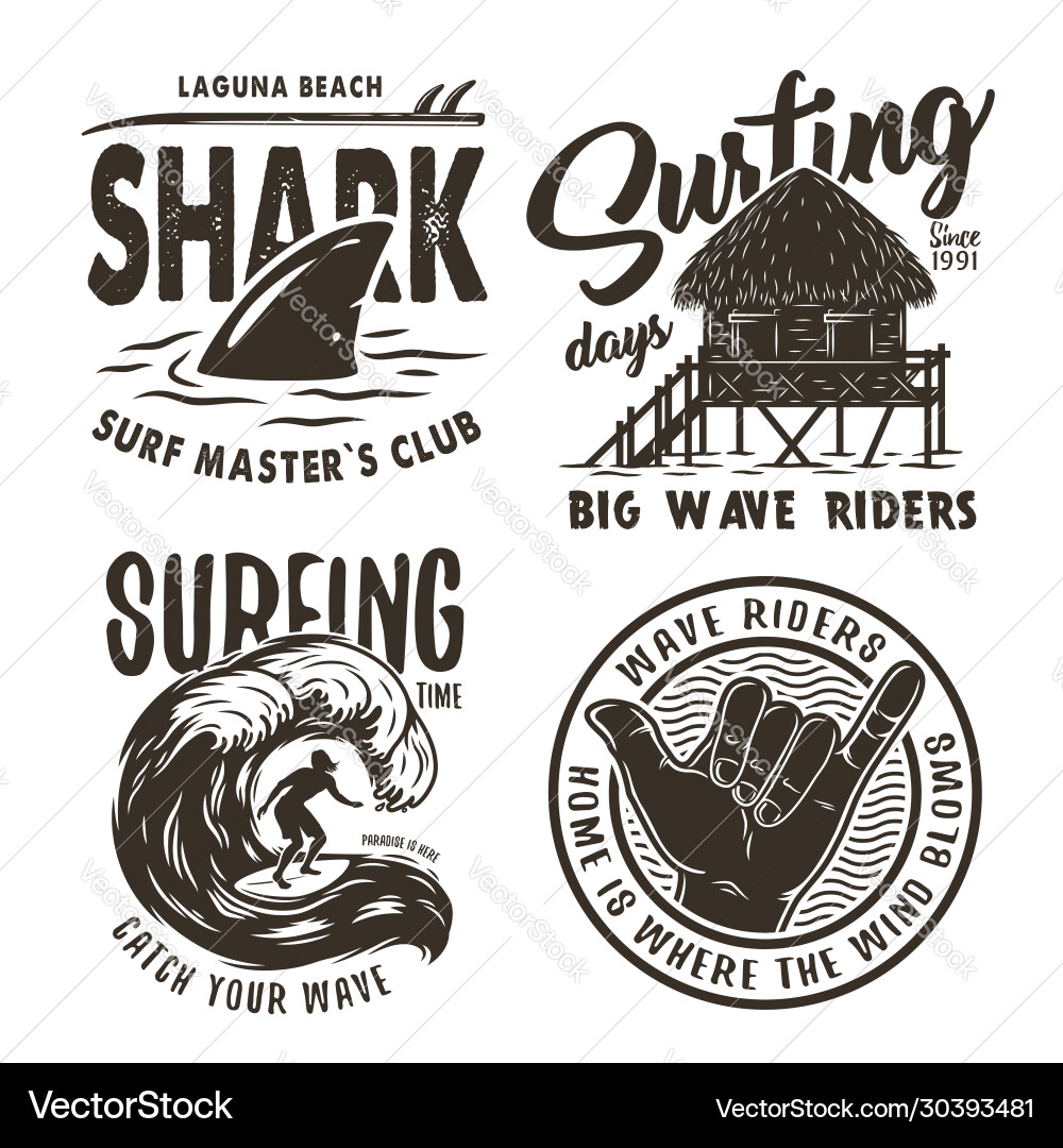 Surfen Druck Bungalow Hai Hand Surfer Welle Surfen Druck Bungalow Hai Hand Surfer Welle Vektorbild