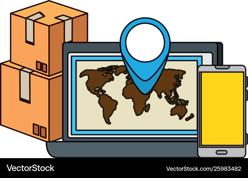 Box carton with laptop and smartphone delivery Box carton with laptop and smartphone delivery vector image