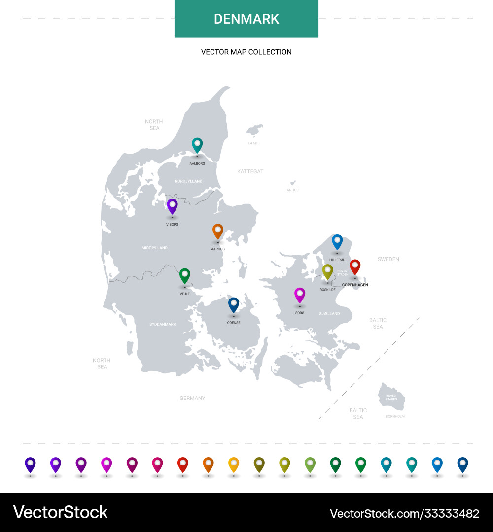 Denmark map with location pointer marks Denmark map with location pointer marks vector image