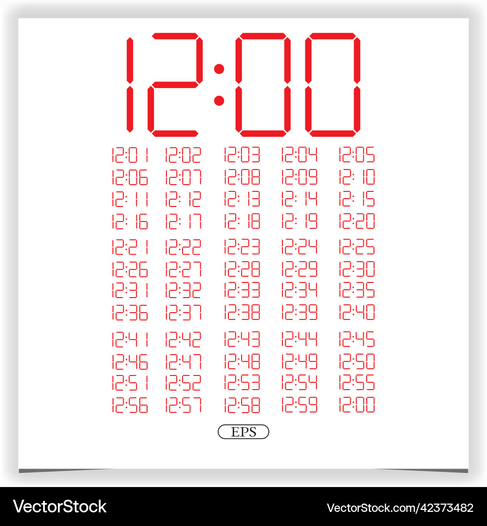 Digital clock closeup displaying 12 oclock red vector image