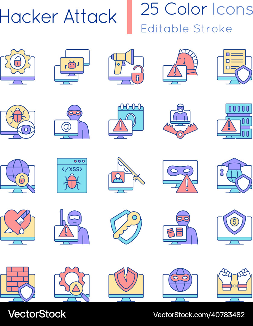 Hacker attack rgb color icons set vector image