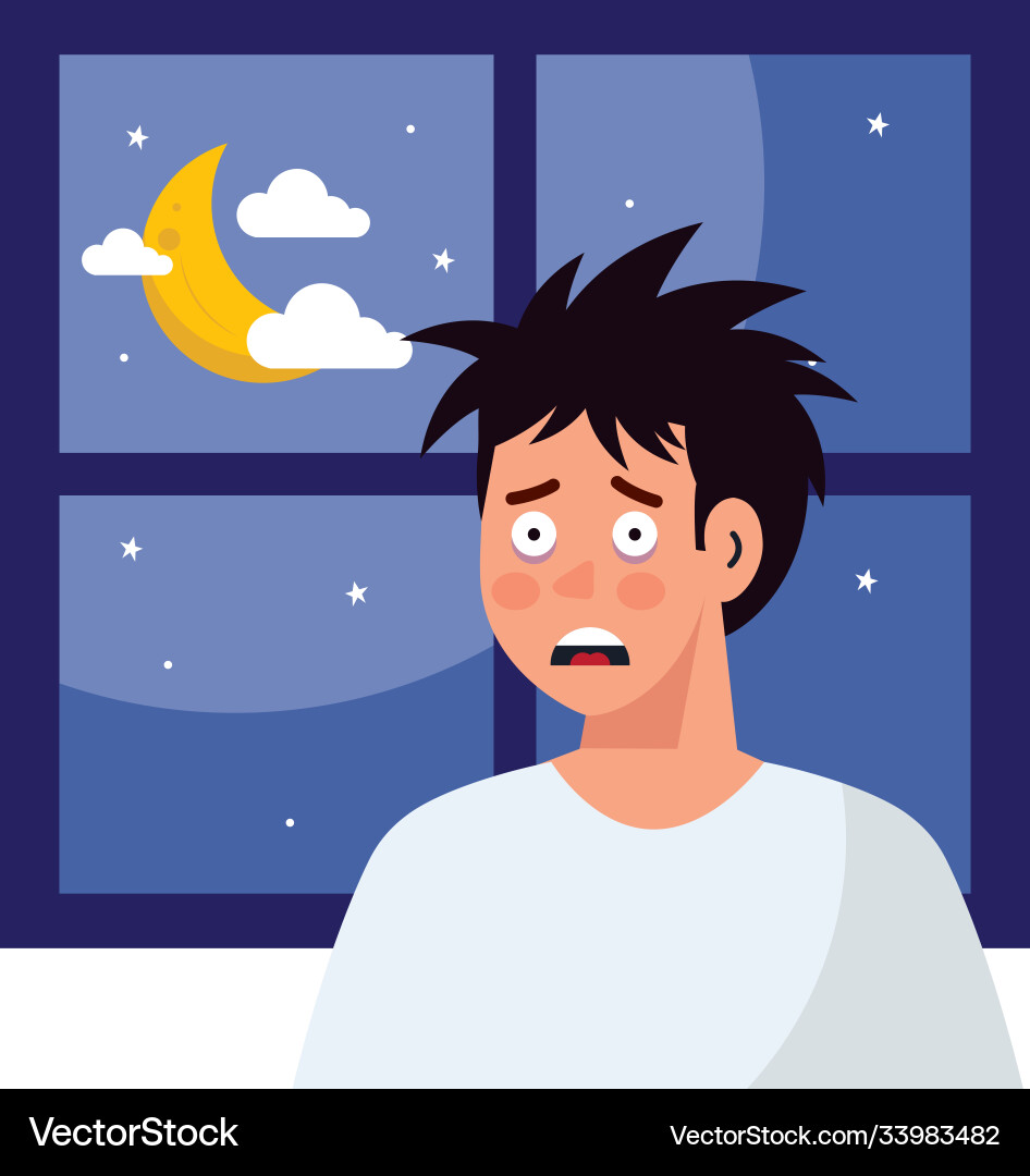 Man cartoon with insomnia in front window Man cartoon with insomnia in front window vector image
