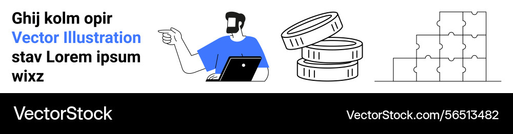 Man with laptop coins stack and puzzle blocks Man with laptop coins stack and puzzle blocks vector image