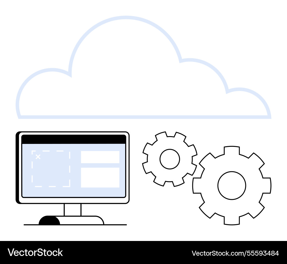 Computer monitor with cloud and gears representing Computer monitor with cloud and gears representing Vector Image