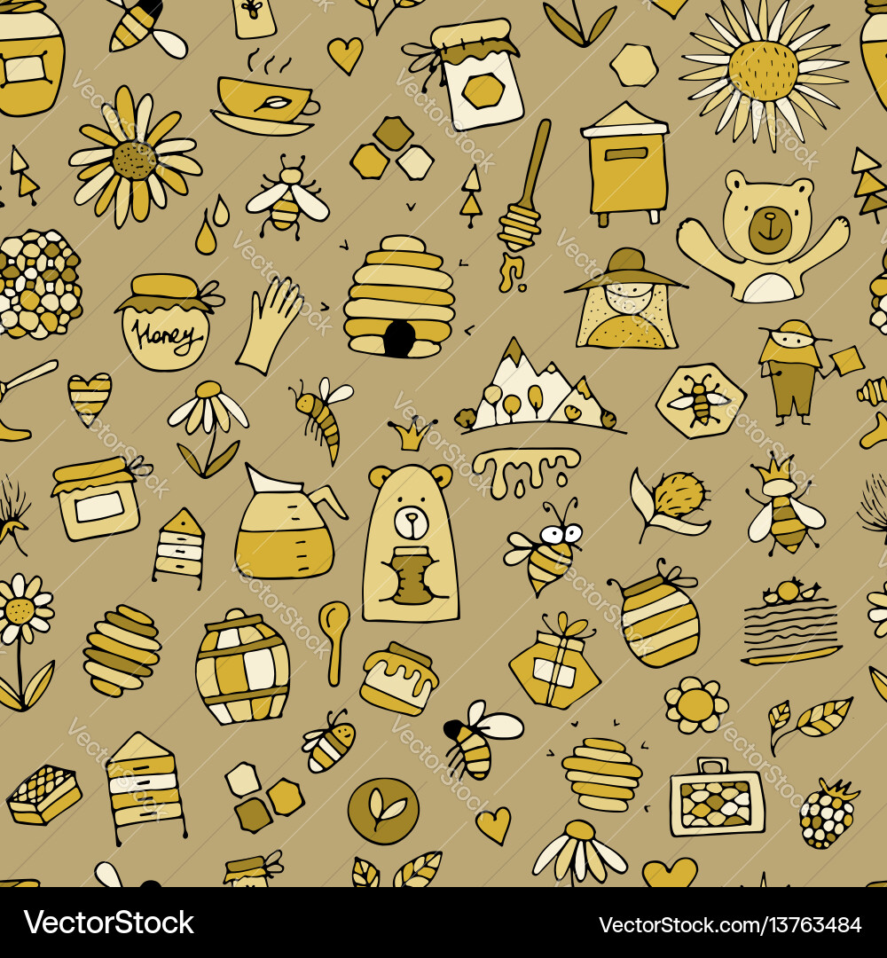 Honey apiary seamless pattern sketch for your Honey apiary seamless pattern sketch for your vector image