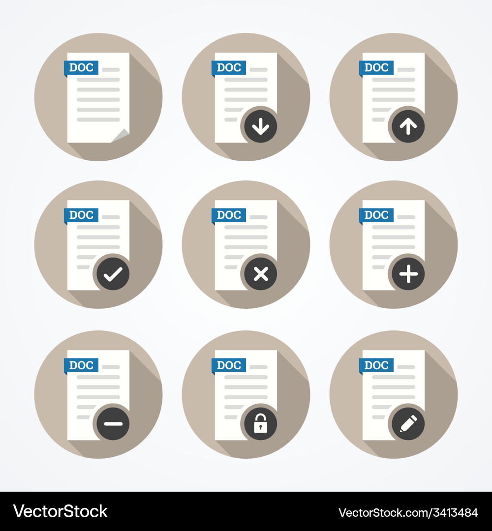 Set of doc file icons with long shadows vector image