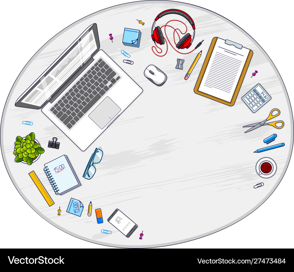 Work desk workspace top view with pc notebook Work desk workspace top view with pc notebook vector image