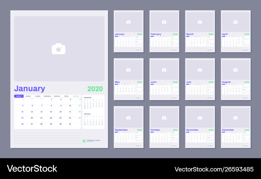 Calendar for 2020 new year in clean minimal table Calendar for 2020 new year in clean minimal table vector image