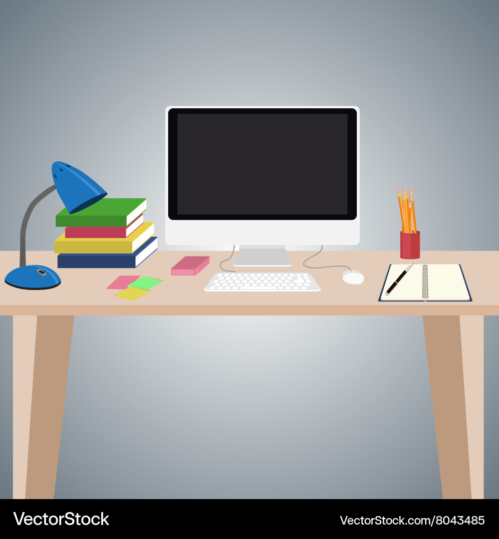 Desk with computer and other items vector image